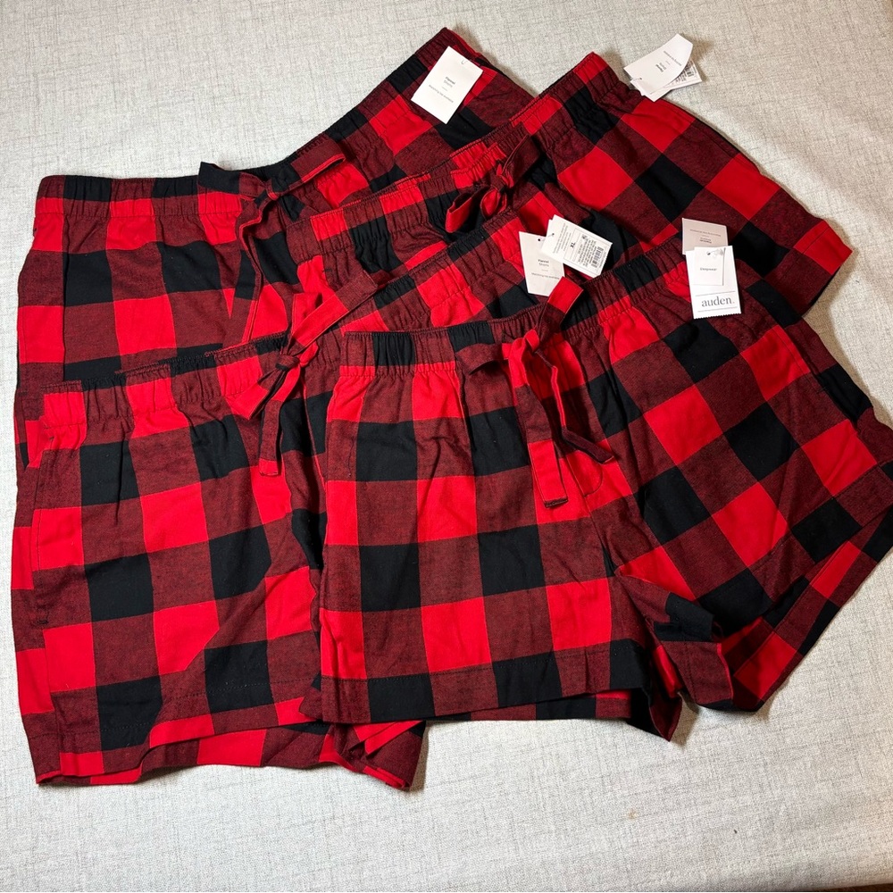 AUDEN red & black buffalo plaid flannel boxer shorts tie drawstring pockets. NWT